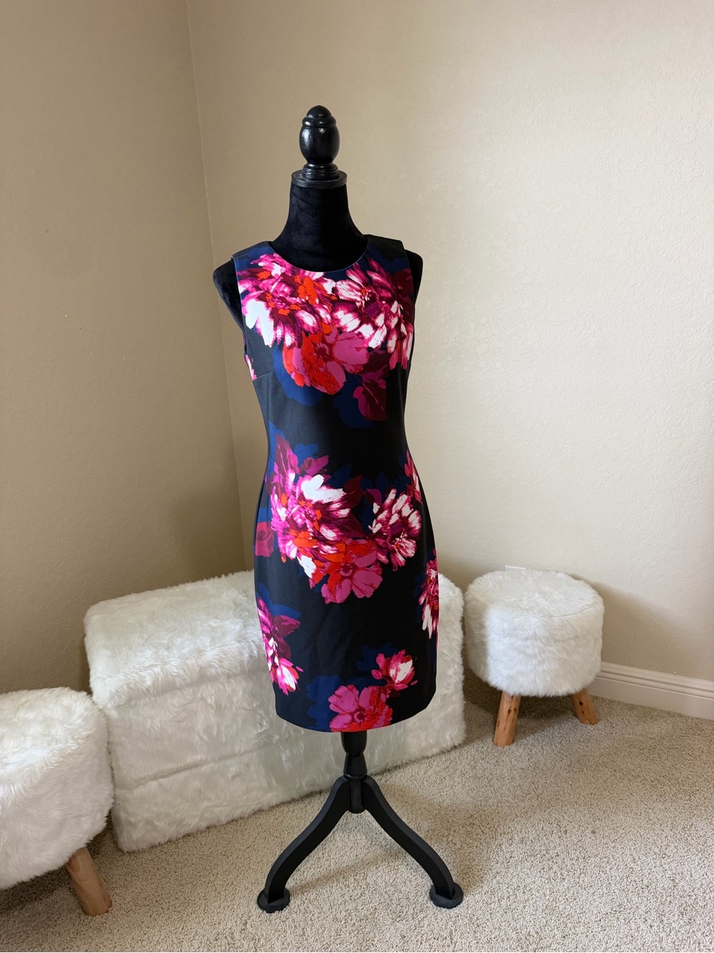 Tommy Hilfiger Black Midi Sheath Dress with Pink & Red Floral Print